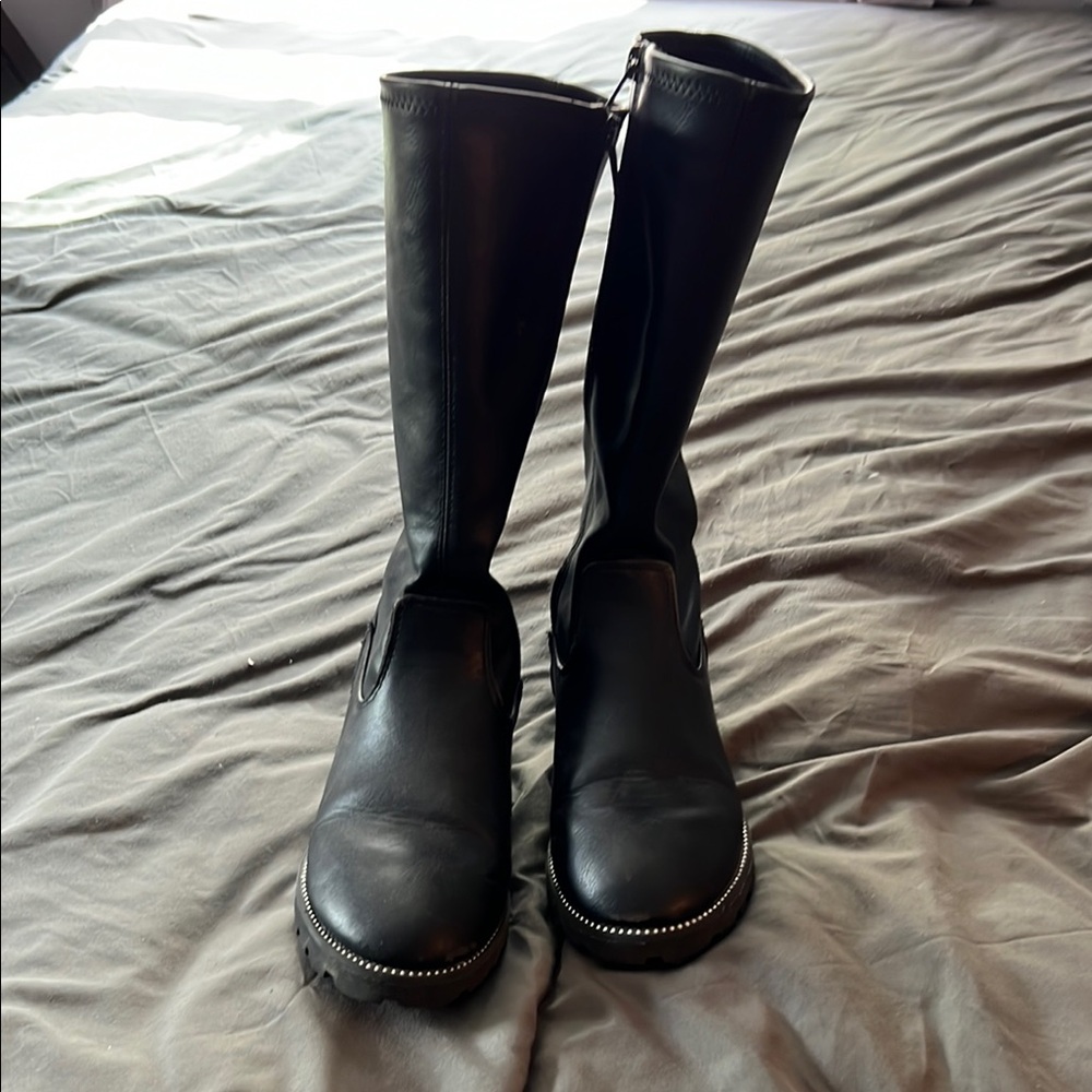 Black synthetic Leather Combat Boots with Side Zipper